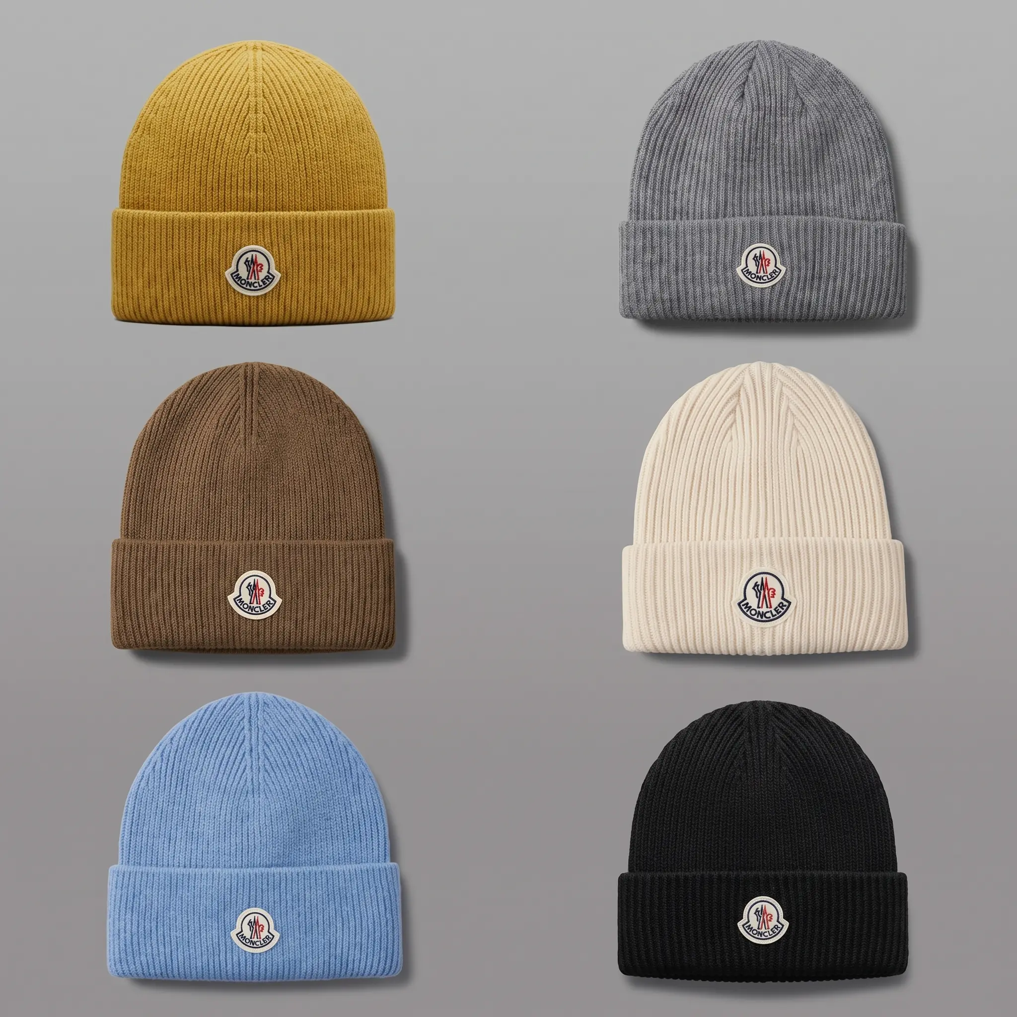 Moncler Style Logo Beanie Hat Multi-Color Variant Grid | Insulated Thermal Outdoor Knit Caps | Studio Array Showcase Profile