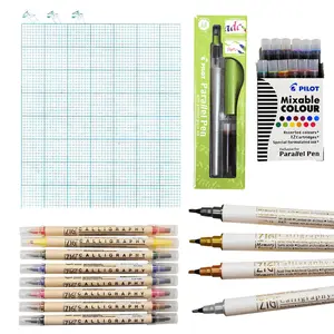 Deluxe Broad Edge Calligraphy Kit with Grid Paper, 7 Calligraphy Pens in Assorted Colors, Includes 7 Calligraphy Pens