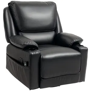 HOMCOM Recliner Chair with Vibration Massage and Heat, Oversized Swivel Rocker Single Sofa with Footrest, Remote, Cup Holders and Side Pockets, PU Manual Reclining Chair for Living Room, Black