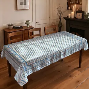 1 piece of 2D flat printed tablecloth  Vintage Blue and White Printed Tablecloth, Luxury Lace Striped Rectangle Table Cover for Dining Room Home Decor