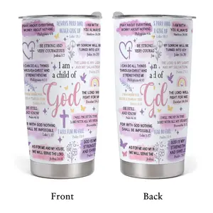 Christian Bible Verse Tumbler with Lid, 20oz Insulated Stainless Steel Coffee Cup, Religious Gifts for Women and Girls, Inspirational Scripture Quotes, Floral Watercolor I Am a Child of God Design
