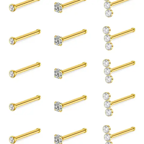 20G Nose Studs for Women Men, Straight Bar Nose Piercing Jewelry, CZ Inlaid Nostril Screwless Stud, Surgical Steel Nose Ring Stud Set Hypoallergenic Body Piercing for Nostril