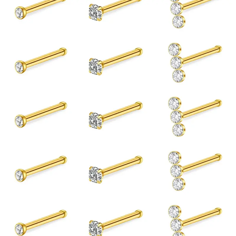 20G Nose Studs for Women Men, Straight Bar Nose Piercing Jewelry, CZ Inlaid Nostril Screwless Stud, Surgical Steel Nose Ring Stud Set Hypoallergenic Body Piercing for Nostril