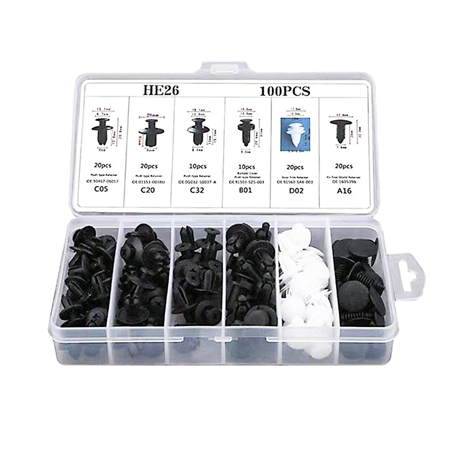 100 PCS Car Bumper Retainer Clips, 6.3mm 8mm 9mm 10mm Nylon Fasteners Rivet Replacement Kit, Push-in Screw Bumper Push Rivet Clip with Removal Tool, Suitable for Most Models (Black)