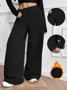 Women's Casual Knit Fleece Drawstring Waist Straight Leg Pants, High-Waisted Winter Wear, Comfortable Daily Use