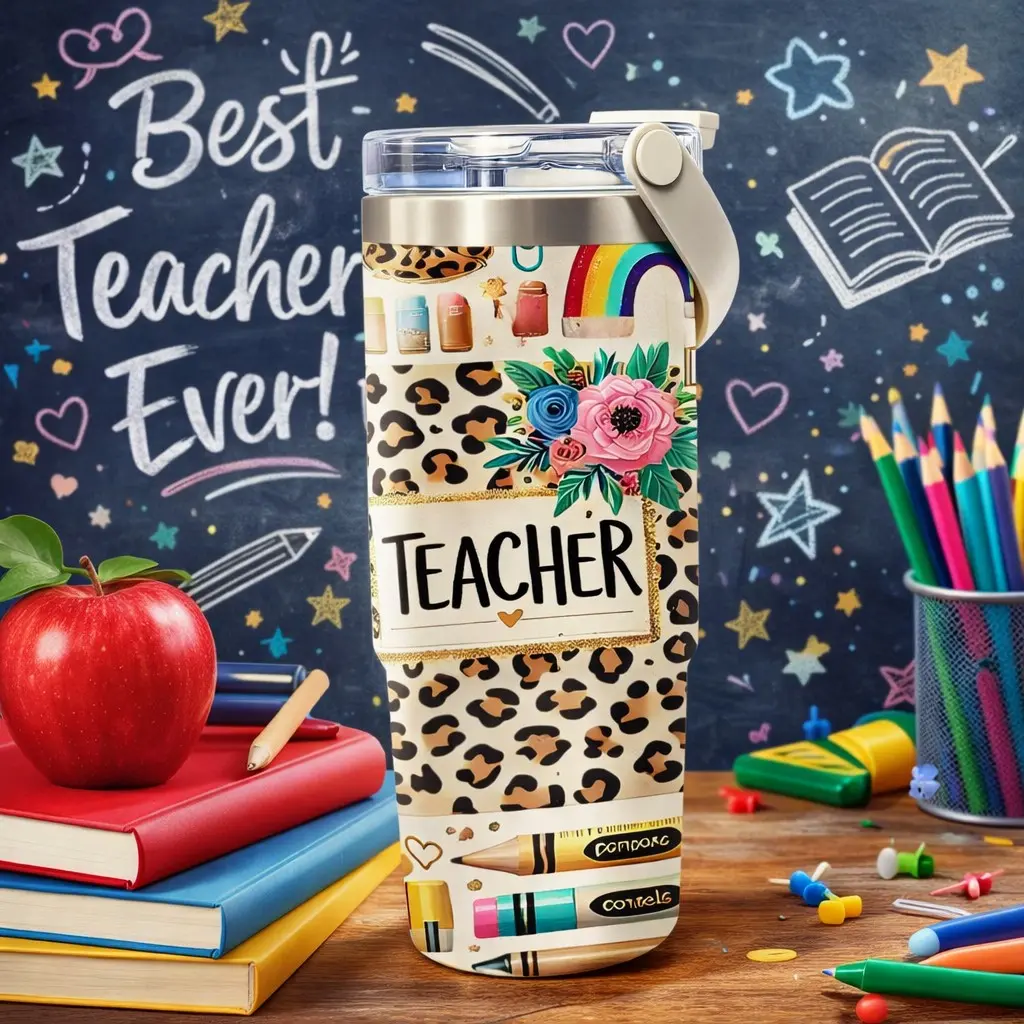 Auracup 1pc 20oz Teacher Tumbler with Handle and Lid, Insulated Coffee Tumbler, Stainless Steel Insulated Travel Cup with Straw, Double Wall Vacuum Keeps Drinks Hot Cold, Teacher Appreciation Gift, Back to School