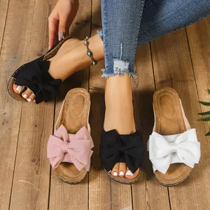 Women's Platform Wedge Sandals for Summer Stylish Breathable Cloth Bow Detail 2.5-inch Heel Ideal for Office Dates Beach Black White Pink