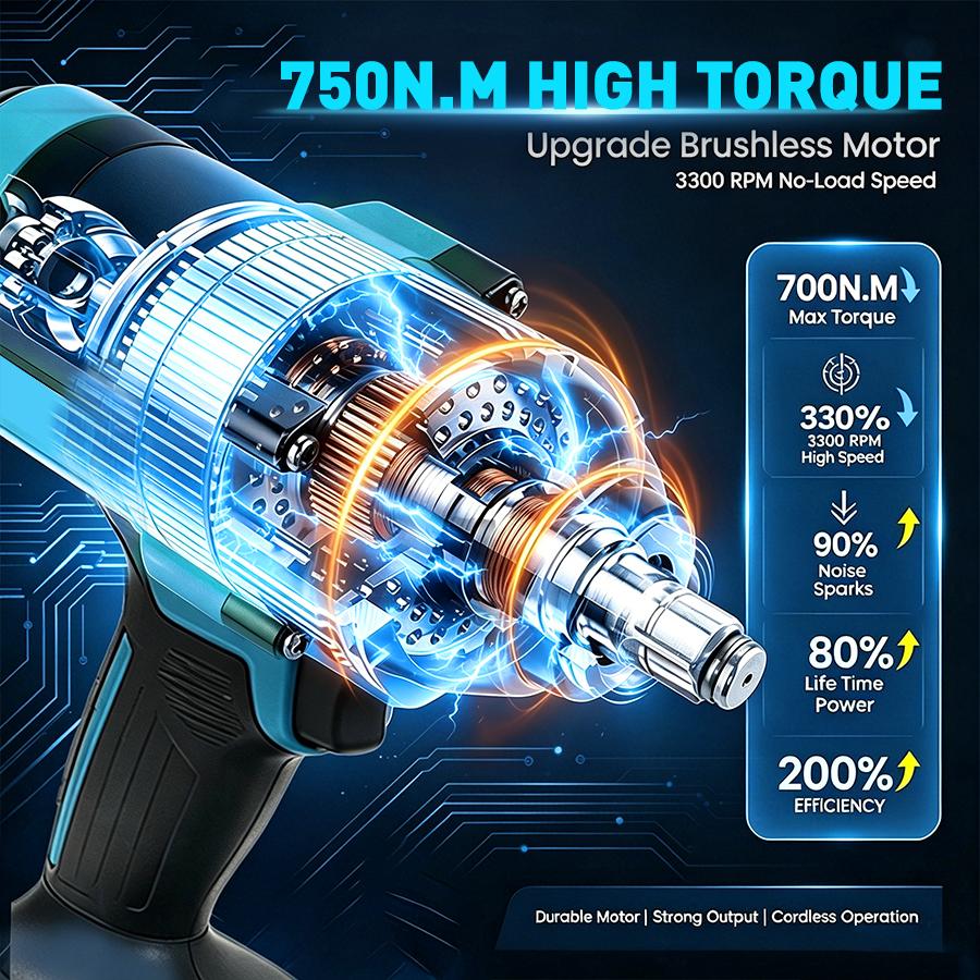 750N.M High Torque Brushless Cordless Impact Wrench 1/2 Inch, 4-in-1 Electric Impact Gun Kit with 2x Batteries, Complete Accessories & Storage Case, Power Tool for Car Lug Nut Removal & Household Construction, Fit Modified Vehicles