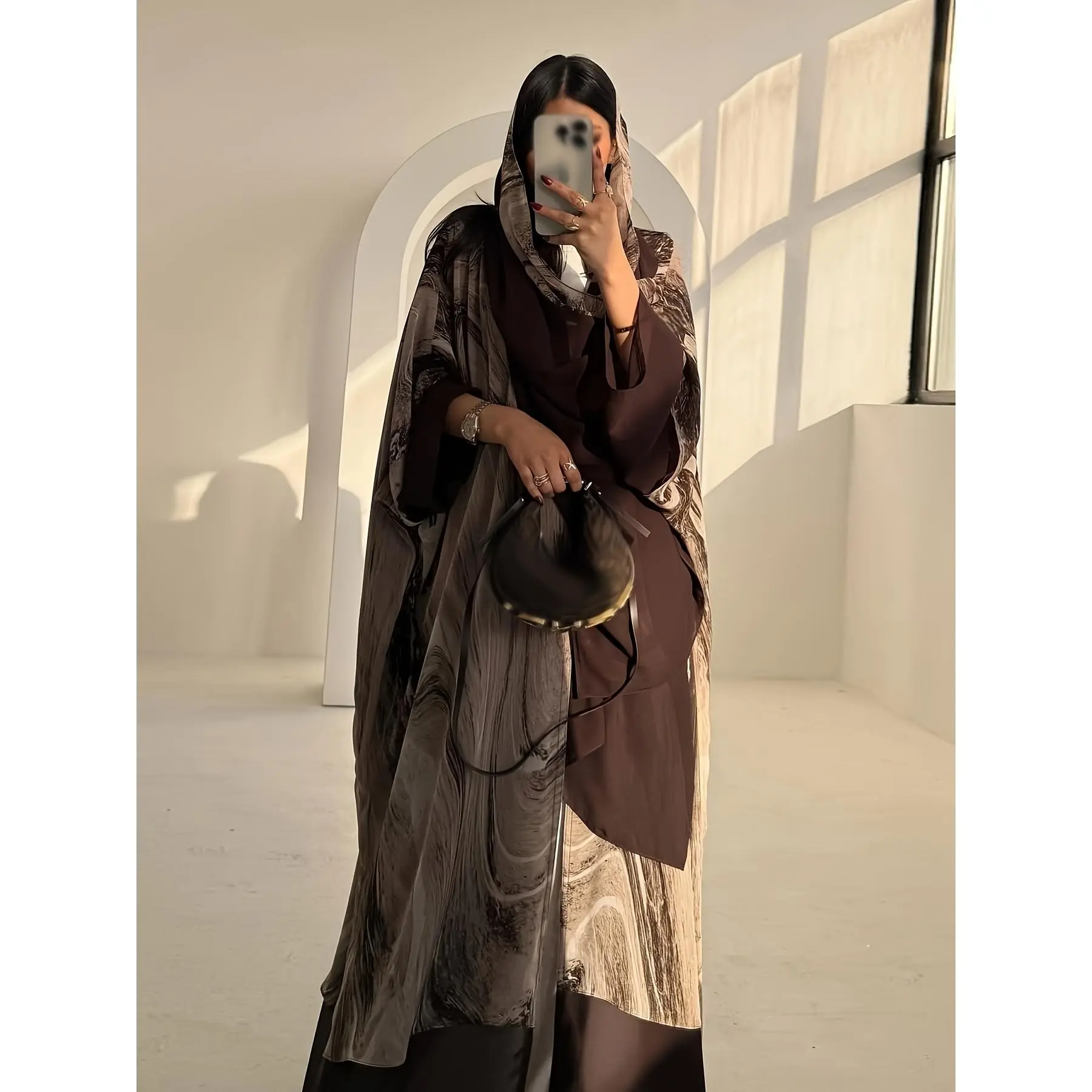 Women's Marble Print Modest Cardigan - Casual Long-Sleeves Open-Front Polyester Duster, Loose-Fitting Batwing Sleeves, Dry Clean & Hand Wash Only, Casual Longsleeves Cardigan, Cardigan For Women