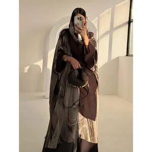 1pc Coat Headscarf Brown Marble Printed Pattern Abaya Cardigan Coat Fashionable Casual Overalls Outside Muslim Women's Clothing