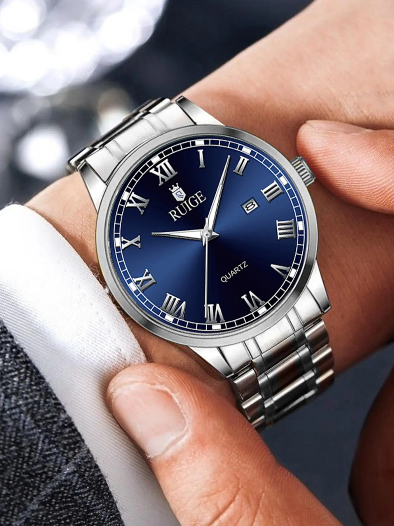 Men's Business Fashion Round Dial Analog Quartz Watch, Stainless Steel Luminous Waterproof Quartz Watch, Classic Fashion Watch with Calendar, Trendy All-match & Exquisite Watch for Birthday Gift with Box
