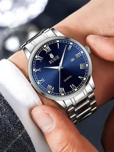 Men's Fashion Round Dial Analog Quartz Watch, Stainless Steel Luminous Waterproof Quartz Watch, Classic Fashion Watch with Calendar, Fashionable Waterproof Watch, Watch for Birthday Gift with Box
