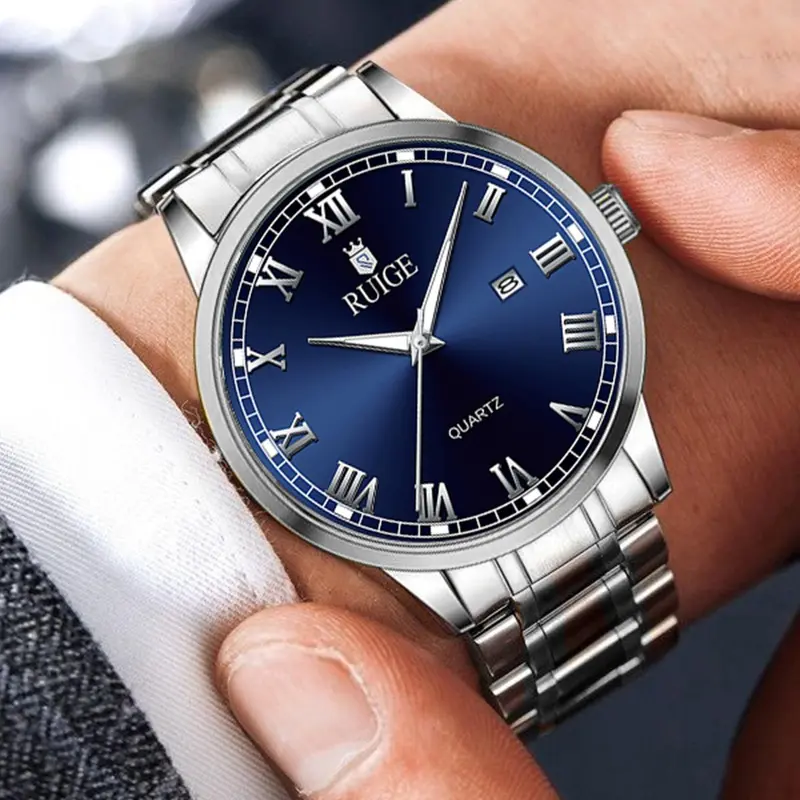 Men's Business Fashion Round Dial Analog Quartz Watch, Stainless Steel Luminous Waterproof Quartz Watch, Classic Fashion Watch with Calendar, Trendy All-match & Exquisite Watch for Birthday Gift with Box