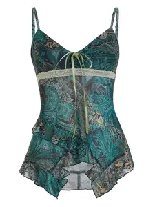 Y2K Vintage Floral Printed A-Line Tank Top Sleeveless Fitted Backless Design Summer Grunge Cute Camisoles Streetwear Harajuku Lace-up Chic Retro Women's Outfits