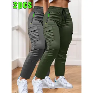 Set of 2 women’s lightweight multi-pocket work trousers: stylish drawstring and patch pocket design, straight-leg casual trousers perfect for spring and autumn, ideal for outdoor activities and everyday outings