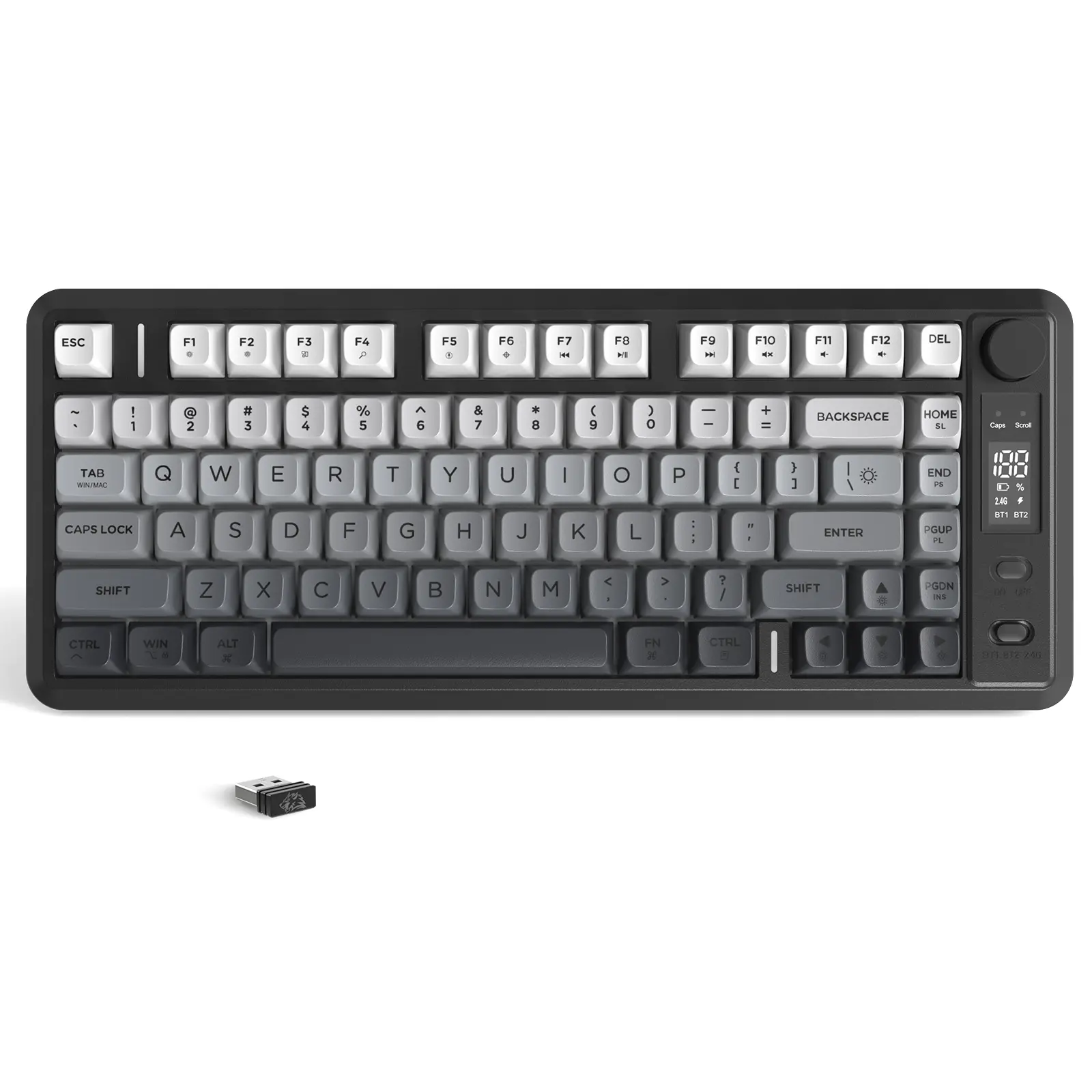 free wolf M75 Wireless Rechargeable RGB Anti Ghosting Gaming Keyboard - Knob, OLED Display, Bluetooth 5.2/2.4Ghz, Gradient Silent PBT Keycaps, 2000mAh Battery, 26-Key Anti-Ghosting, Quiet Setup for PC, MAC, Anti Ghosting Keyboard