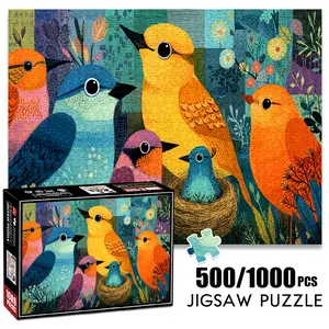 1pc 1000 piece adult puzzle 70x50cm Colorful Birds with Nest and Floral Background 500 pieces of paper jigsaw puzzle, suitable for adults and families, large-scale DIY puzzle interactive toy games,