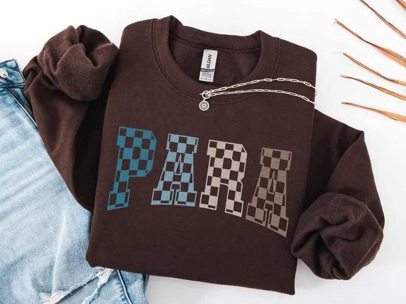 Checkered Para Crewneck & Tee, Paraprofessional Shirt for Teacher Aides, Classroom Support Staff