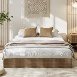 Garvee - Marco de Cama de Madera, Plataforma de Madera con diseño Estriado, Marco de Cama matrimonial con Soporte de Estudio, fácil Montaje, no Necesita somier, sin Ruido, Nogal