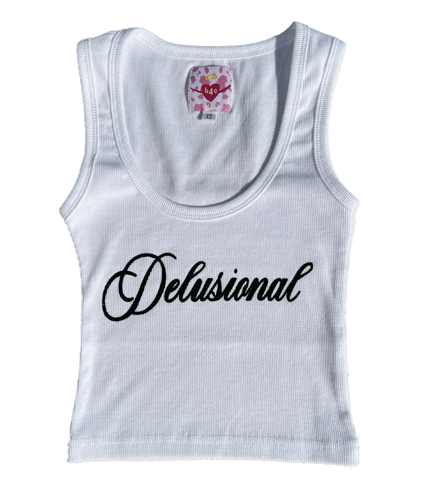 White Ribbed "Delusional" Printed Tank Top Y2K Aesthetic Trendy Graphic Crop Top Going out shirt