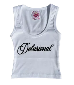 White Ribbed "Delusional" Printed Tank Top Y2K Aesthetic Trendy Graphic Crop Top Going out shirt
