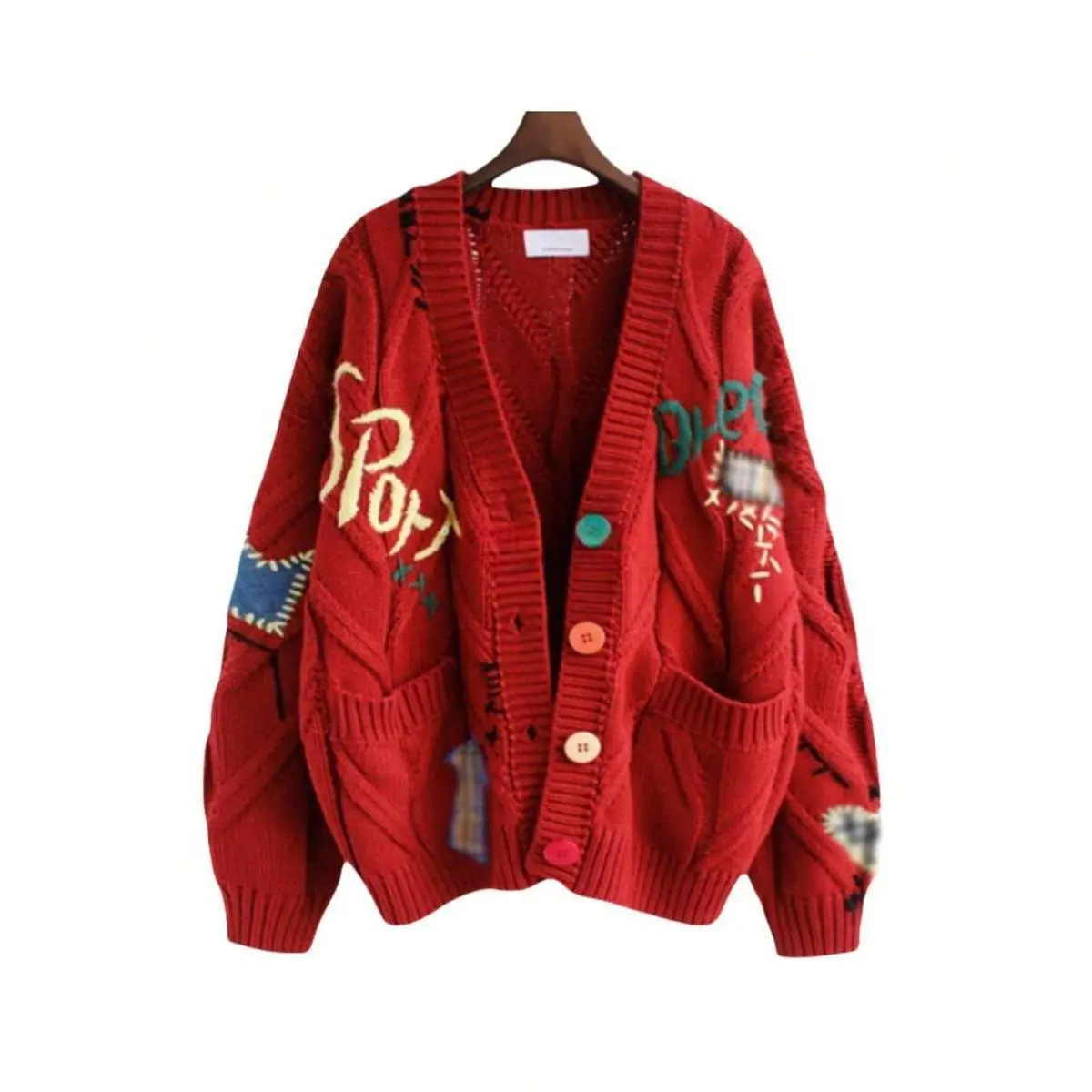 2025 Lightweight Red Cardigan for Women V-Neck Button Down Embroidery Wool Blend Knitwear Regular Fit Casual Pullover Day Wear Geometric Pattern Drop Shoulder Top