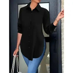 1 solid color new women's long sleeved shirt, with a high split front button in solid color, elegant and comfortable, suitable for commuting