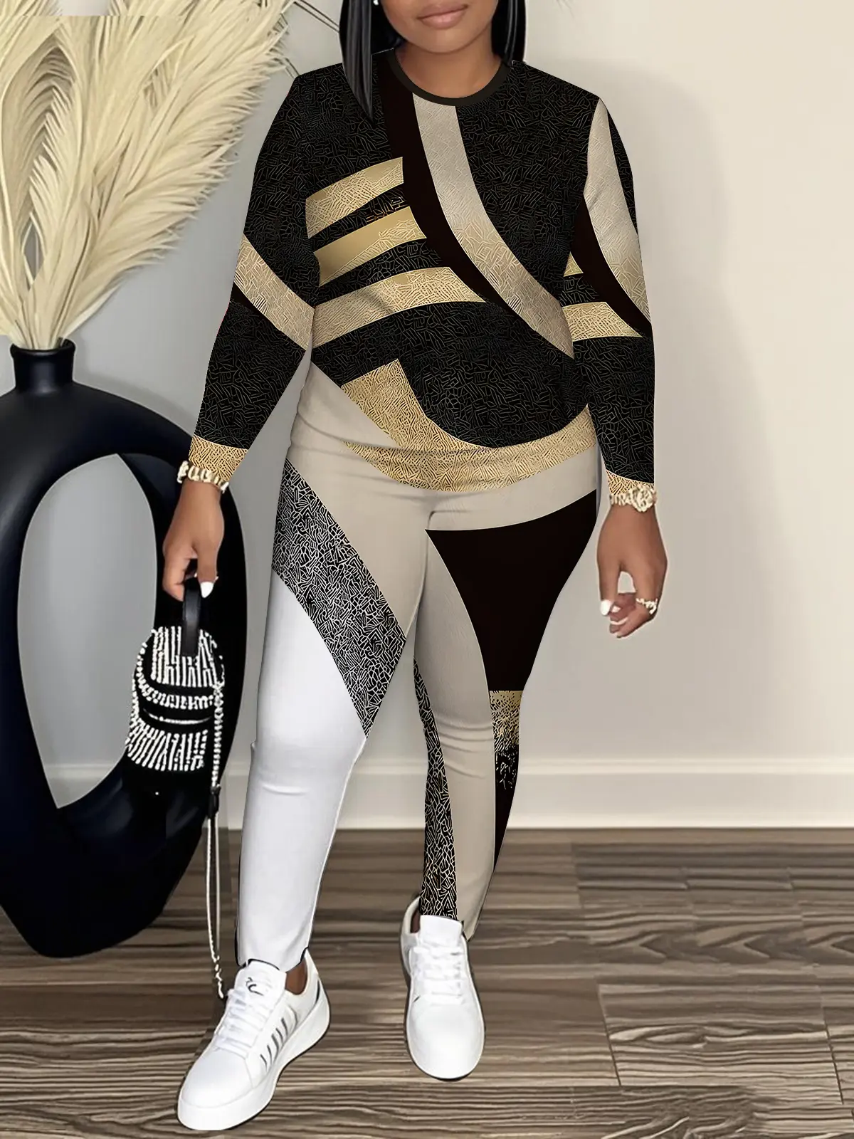 Women's Oversized Loose-Fit Plus Size Black-Gold Contrast Crew Neck Long Sleeve Casual Clothing Set - Stylish Fashion Statement Outfit, Style, Colorblock, 1Xl, Longsleeves, Contrast Tone, All Seasons, Round Neck, Bold Black And Gold, Clothes, Outfit Inspi