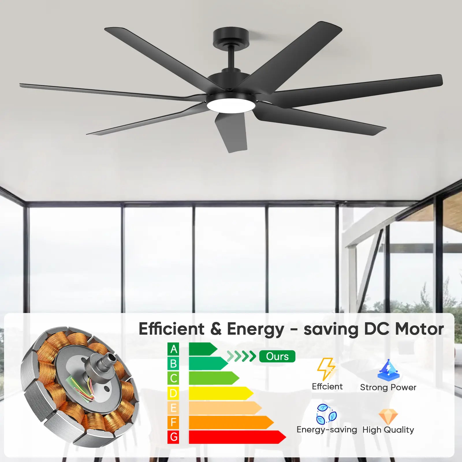 65" Modern Smart Ceiling Fan with LED Light, 7 ABS Blades, Remote+App Control, Reversible DC Motor, 3 Color Temperatures, Energy-Saving, Moisture-Resistant for Living Rooms, Kitchens