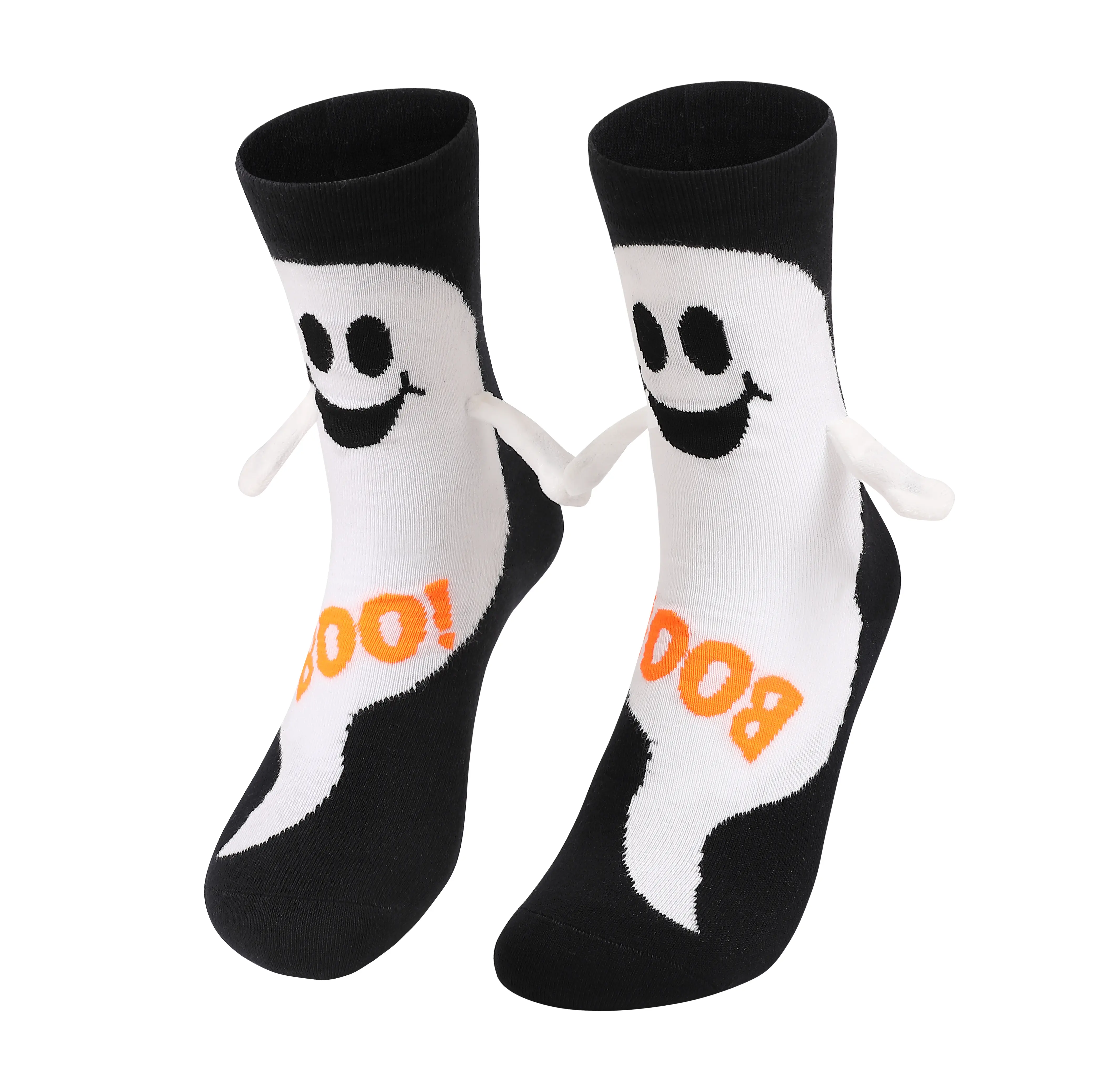 Mid-Calf Soft Cotton Ghost Socks - a Pair of Ghost Hands Socks with Magnetic Hands, Cute BOO Spooky Design, Lightweight Fold Foldable, 1 Size, Halloween Costume Party Gag White Elephant Gift Vibe