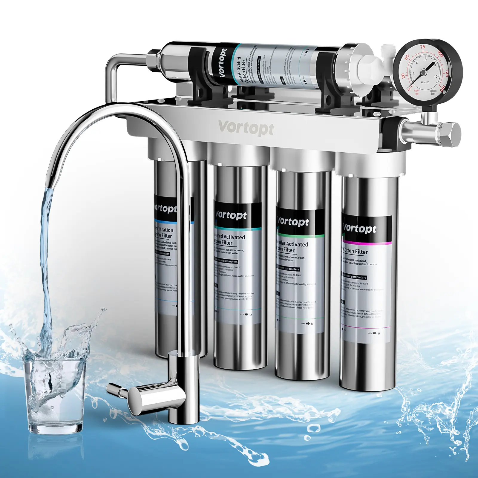 Vortopt 5-Stage Filtration System with GAC UF CTO PP Filters for Long-Term Protection 8-24 Months Lifespan