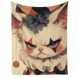Gothic Clown Cat Halloween Flannel Throw Blanket, Vintage Grumpy Kitty Plush Blanket, Ultra Soft Cozy Blanket for Sofa Bed Couch, Spooky Dark Aesthetic Room Decor, Gift for Cat Lovers