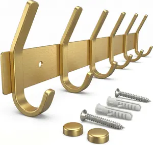 17 Inch Brushed Gold Wall Mounted Coat Rack - Stainless Steel Rail with 6 Double Coat Hooks for Entryway Bathroom Bedroom Kitchen, Modern Gold Hook Rack for Coats Hats Towels
