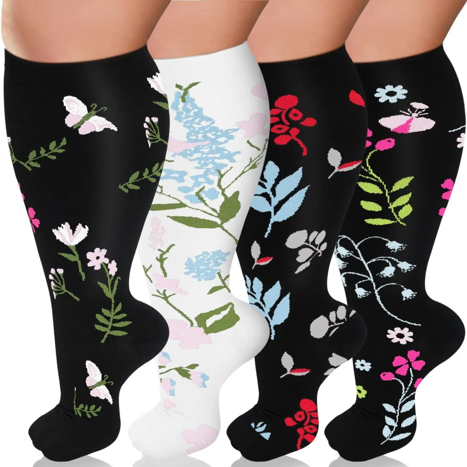 Unisex Plus Size 15-20 mmHg Knee-High Compression Stockings, Extra Wide Calf Support Socks, Daily Circulation Aid (No Knee Sock Issues)