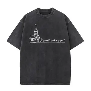 Vintage Washed Black Grunge Streetwear T-Shirt with Minimalist Church Line Art & "It Is Well With My Soul" Quote, Oversized Minimal Christian Aesthetic Unisex Tee