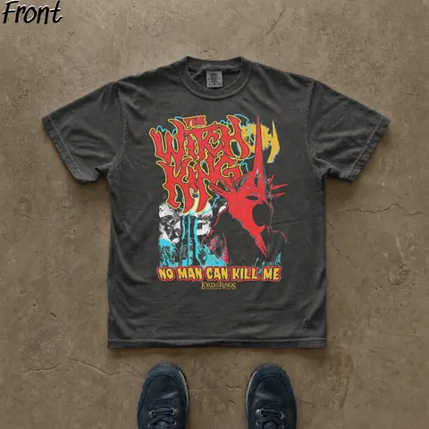 Gildan Men's Cotton Short-Sleeve Round Neck Graphic Tshirt - Menswear Tee, Fitted Cut, Lord of The Rings Witch King "No Man Can Kill Me" Nazgul Black Riders Middle Earth Print, Casual Streetwear Vintage Retro Fan Apparel