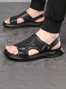 Men's Retro PU Leather Sandals, Anti-Slip Thick Sole, Breathable Casual Shoes, Comfortable Slip-Ons for Daily Commute, Outdoor Walks, Summer Wear, Rubber Sole Sandals