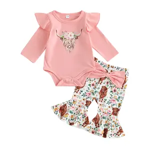 Newborn Baby Girl Western Outfit Long Sleeve Romper Cow Flare Pants Headband 3Pcs Clothes Set