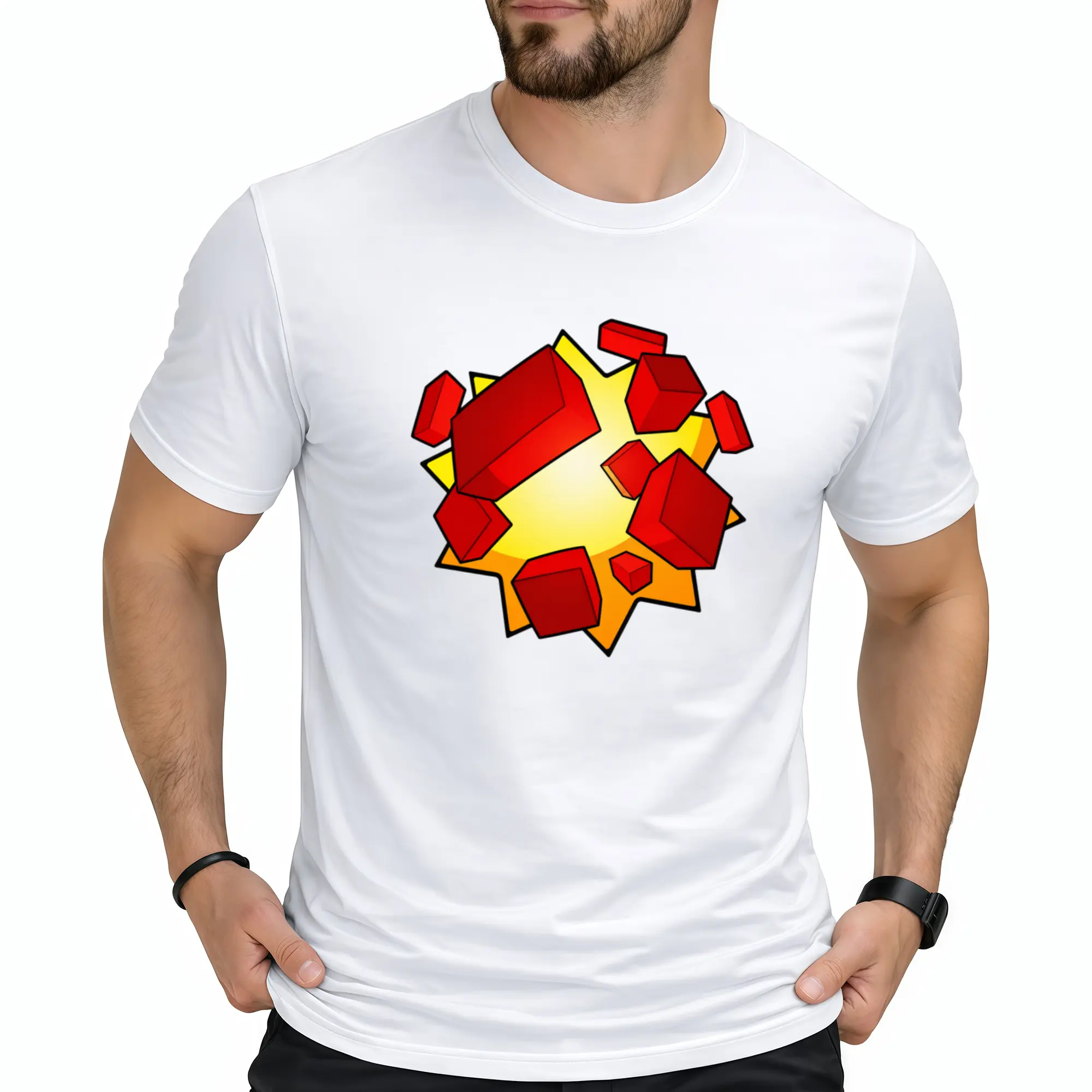 Oversized Crew Neck Short Sleeve T Shirt Featuring Cartoon Burst Star Explosion Graphic With Shattered Red Cube Pixel Redstone Blocks Unisex Soft Cotton Casual Sandbox Video Game Lover Basic Daily Top Apparel Menswear