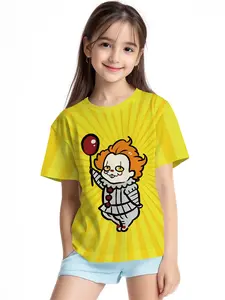 Radioactive Yellow Clown Digital Print Summer Fashion Girls' Clothing, 100% Polyester Designed for Energetic Kids, Cute Girls' Short-Sleeve T-Shirts, Summer Casual Children's Clothing, Outdoor Sports T-Shirts