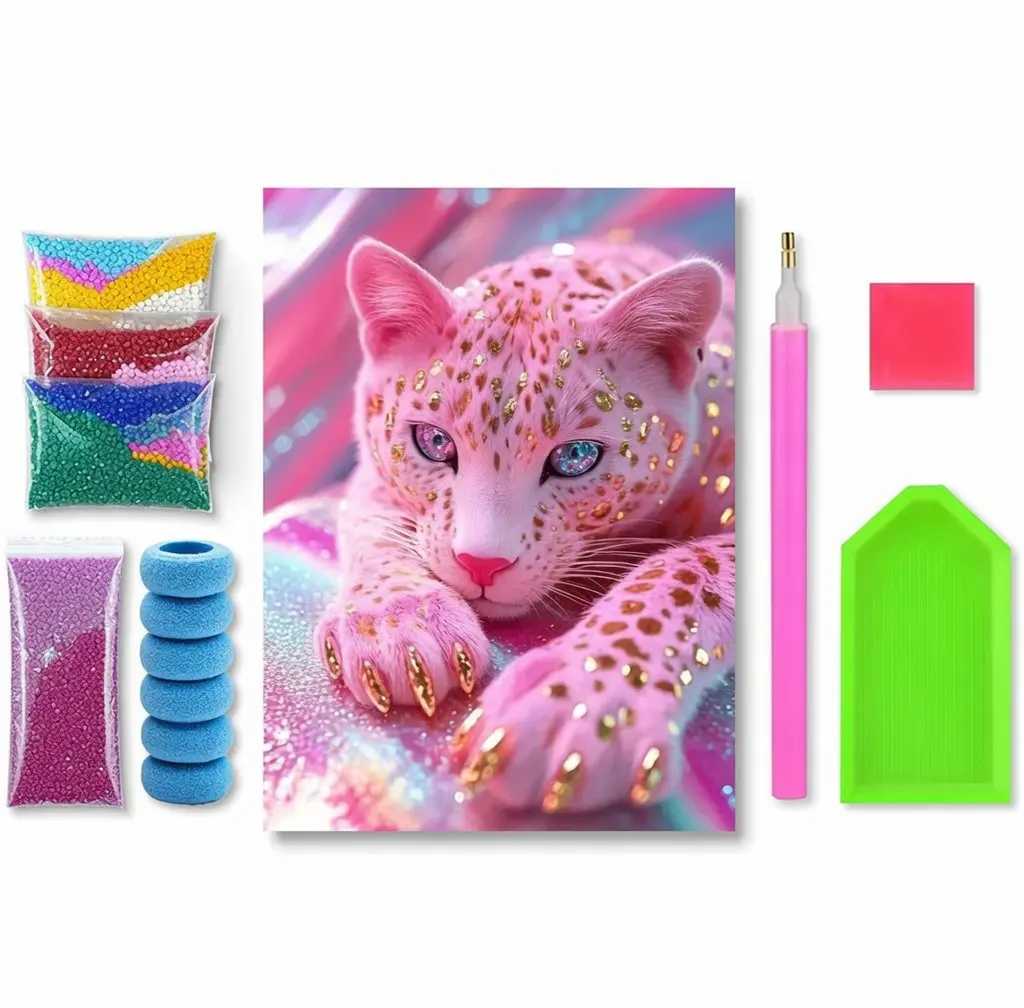 Pink Leopard Diamond Painting Kit for Adults – 5D Full Round Drill DIY Diamond Art Canvas for Beginners, Sparkling Gem Paint by Diamonds Wall Decor Craft Gift, 12 x 16 Inch