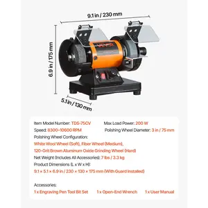 VEVOR Bench Buffer Polisher, 8300-10600 RPM Adjustable Speed, Polishing Buffing Machine with Grinding, Fiber, and Wool Wheels, 100-Piece Accessory Kit, for Jewelry, Wood, Metal, Raw Stone, Jade DIY