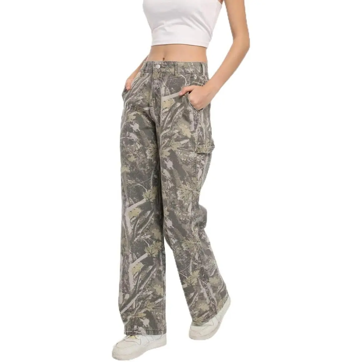 Women's Camouflage Cargo Sweatpants - Straight Wide-Leg Stretchy Bottoms with Pockets, Stylish Durable Fabric for Sports & Outdoor Activities, Cotton, Style