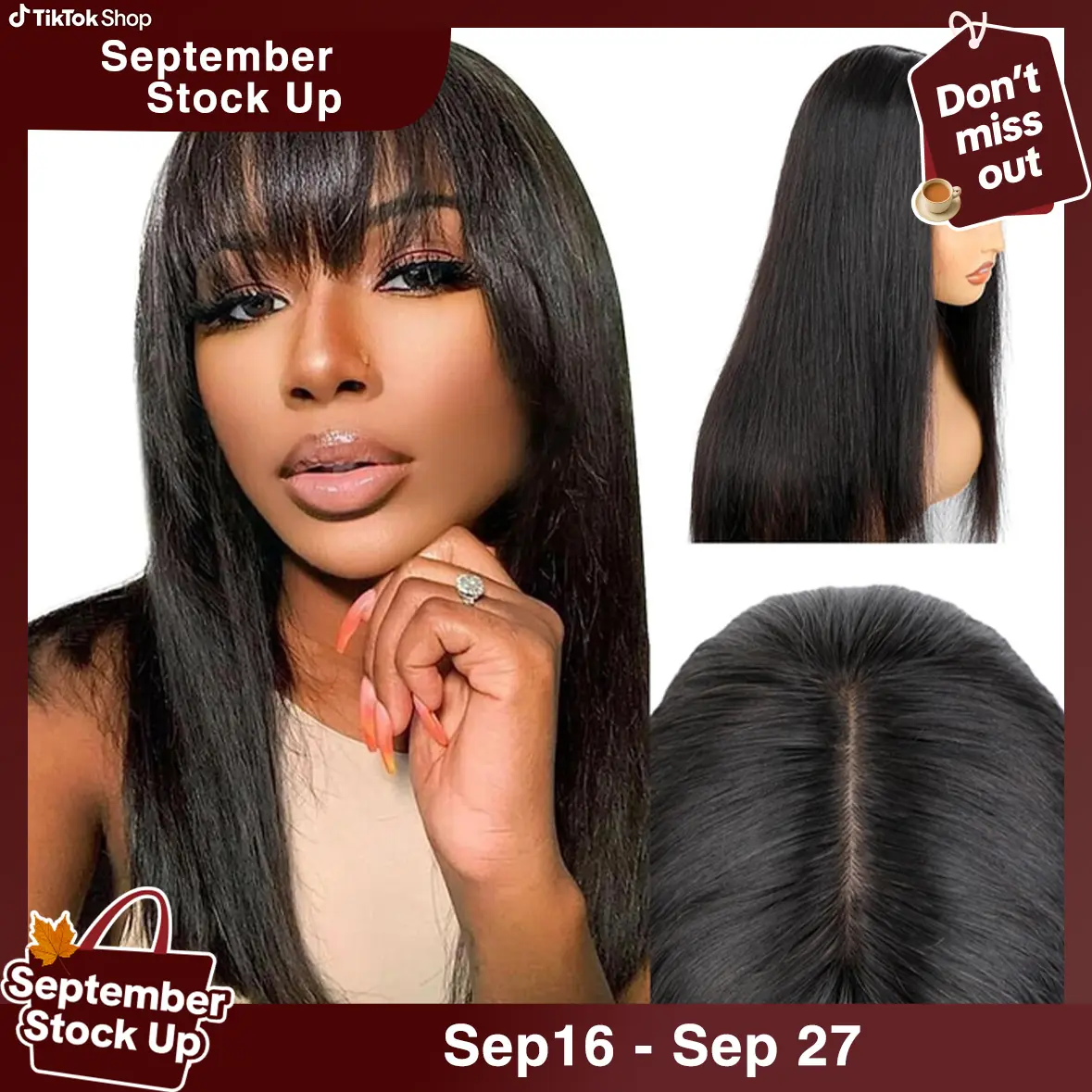 [New In Upgrade With Drawstring] Mamushow Straight Wigs with Bangs Human Hair 2x4 Lace Wig with Drawstring 180% Density Middle Part for Black Women Glueless Machine Made Wigs #tiktokshopstockup#SohoChic