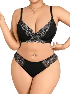 Sexy Plus Size Bra Set, Underwear Sets, Underwear Women, Push Up Wireless Comfortable Sleepwear, High Waist Full Coverage Balconette Bras, Ditsy Floral Pattern
