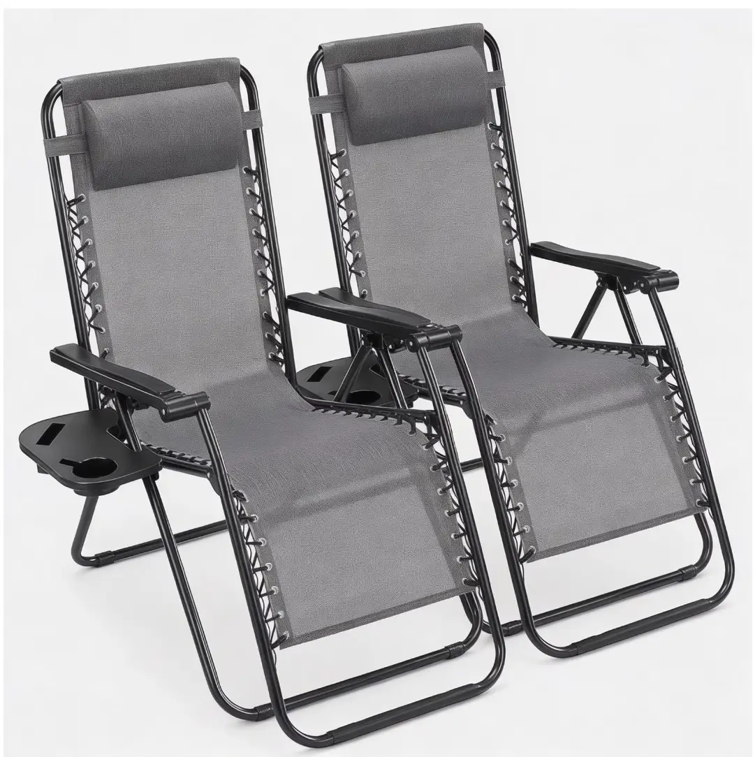 2-Pack Zero Gravity Lounge Chairs, Portable Recliner Beach Camping Patio Outdoor Folding Lounge Chair with Pillow & Cup Holder