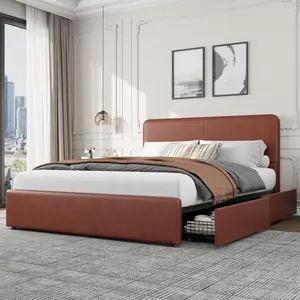 Brown Queen Size Bed Frame with Headboard, Fully Platform Upholstered Bed Frame with Storage Drawers, No Box Spring Needed, Noise-Free, Strong Wooden Slats Support, Easy Assembly