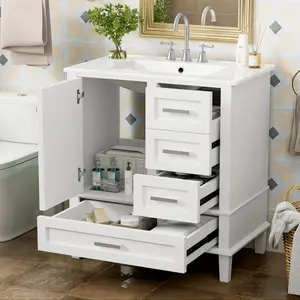 30" Bathroom Vanity , Modern Bathroom Cabinet with Sink Combo Set, Bathroom Storage Cabinet with a Soft Closing Door and 3 Drawers, Solid Wood Frame(White)