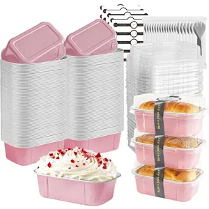 mini loaf pans with lids and spoons 50 Pack,5.5 oz Rectangle mini individual cake tins Disposable Small Aluminum Foil Baking pans(50, Pink)