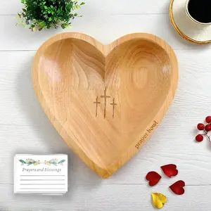 Heart Shaped Prayer Bowl with Cross - Handmade Wooden Dough Bowl for Christian Prayer, Communion & Worship, Unique Church Gift for Congregation, Baptism, Bible Study Decor Religious